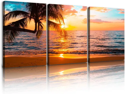 Miniatura 14 de YONICA Lienzo decorativo de 3 paneles para decoración del hogar, mar azul, puesta de sol y playa, pintura, impresión sobre lienzo, paisaje marino