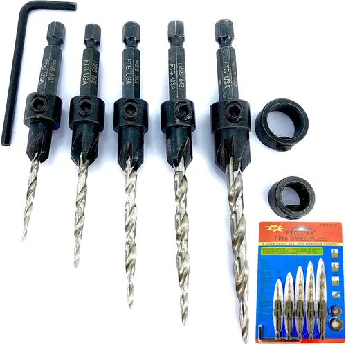FTG USA Juego de brocas avellanadoras de madera ajustable, 5 piezas, broca avellanadora #4 #6 #8 #10 #12 con broca cónica para carpintería