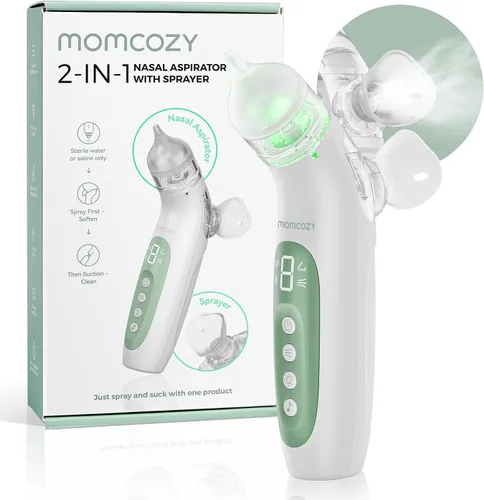 Momcozy BreezyClear™ Aspirador nasal eléctrico 2 en 1 para bebé con aerosol, succión de grado hospitalario de 65 kPa, 4 niveles ajustables,