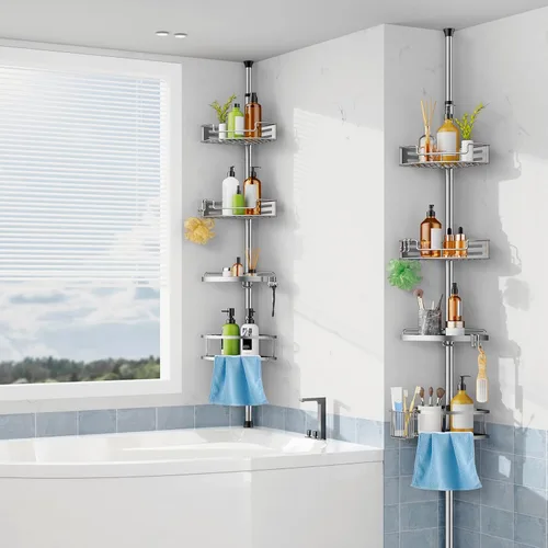 Miniatura 7 de HAMITOR Organizador de Ducha de Esquina con Poste de Tensión: Instalación Rápida de 4 Niveles Resistente al Óxido, Estantes Organizadores de Baño