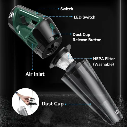 Miniatura 8 de Minthouz Aspiradora de mano inalámbrica, aspiradora de coche de succión fuerte con luz LED, aspiradora de mano de larga duración recargable
