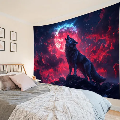 Miniatura 28 de HVEST Tapiz de pared de lobo para colgar en la pared, tapiz de animales salvajes, lobos aullidos en tapices nevados, escena de nieve de invierno