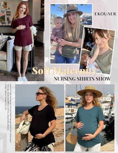 Miniatura 6 de Ekouaer Camisetas de maternidad para mujer, manga corta, paquete de 3 camisetas de lactancia materna de doble capa, ropa de embarazo, tallas S-XXL