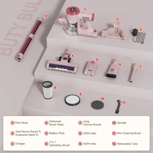 Miniatura 6 de BUTY BULU - Aspiradora inalámbrica de mano, batería recargable ligera de 30 kPa, cepillo eléctrico rosa pequeño, tiempo de funcionamiento de 40