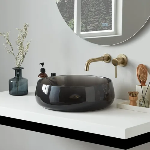 Miniatura 2 de Cpingao Fregadero de baño redondo de resina de piedra transparente de 17.7 pulgadas, lavabo sobre encimera con drenaje desplegable (negro)