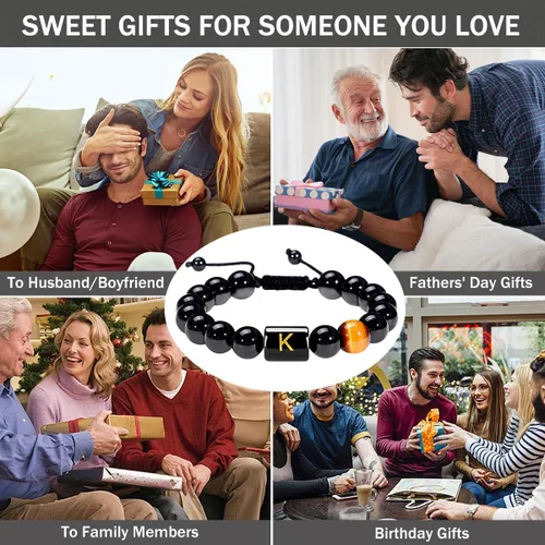 Miniatura 56 de SUMMER LOVE Regalos para el Día del Padre, pulsera con inicial de piedra de ónix negro de 0.394 pulgadas para hombres, pulsera de cuerda trenzada