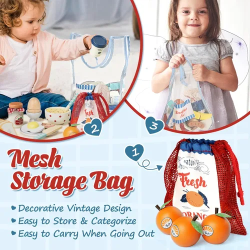 Miniatura 5 de Lehoo Castle Juego de comida de madera para jugar, pan de huevo de fruta Montessori, juguetes educativos para niños de 3 a 5 años, con bolsa