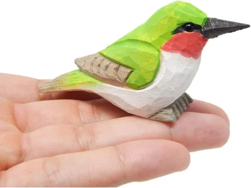 Selsela Figura de colibrí tallada a mano con garganta de rubí – Figura de madera en miniatura, escultura de pájaro hecho a mano, estatua de animal