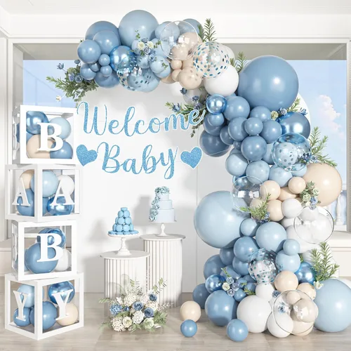 153pcs Dusty Blue Balloon Baby Shower Decorations for Boy | Blue White Sand Balloon Arch Kit Baby Boxes with Letter Welcome Baby Banner for Wedding