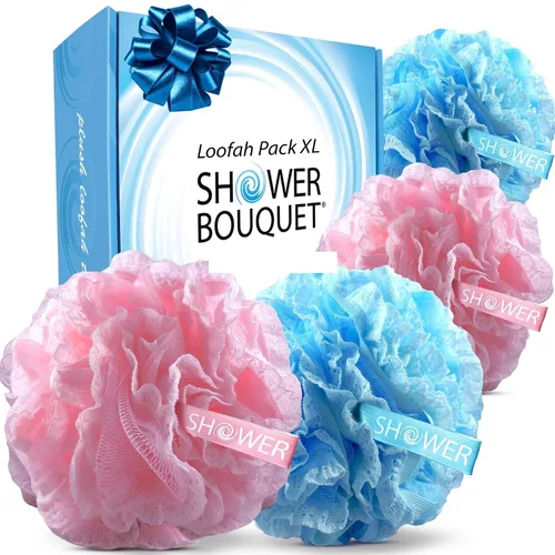 SHOWER BOUQUET Juego de esponja de baño de esponja de baño azul+rosa // 2 pliegues en 1 // Puf grande de 2.12 oz paquete de 4 unidades Body Luffa