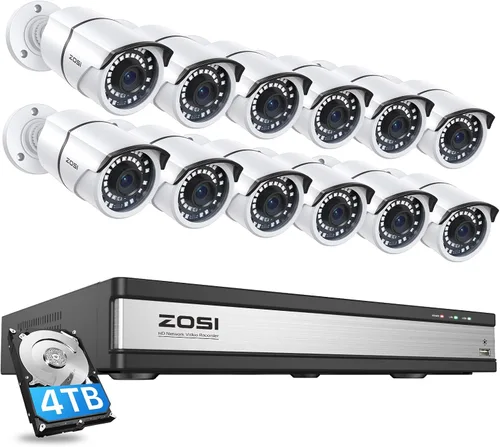 ZOSI Sistema de cámaras de seguridad para el hogar 4K 16CH PoE con disco duro de 4TB, NVR CCTV H.265 de 8MP de 16 canales, 12 piezas de cámaras IP