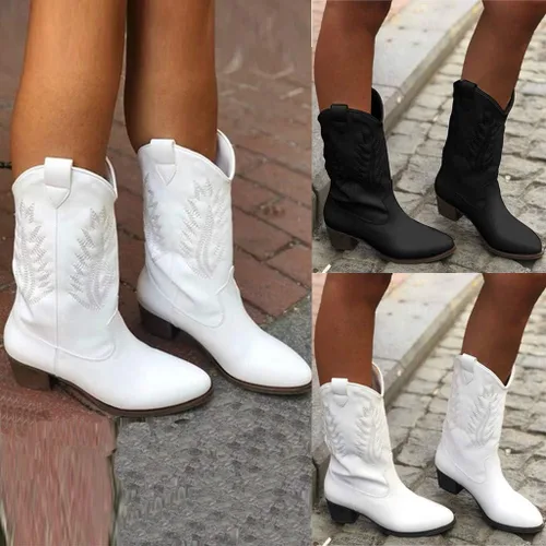 Miniatura 7 de Hbeylia Botas vaqueras occidentales para mujer, de cuero vintage, punta redonda, tacón medio, ancho, de media pantorrilla, botas vaqueras retro sin