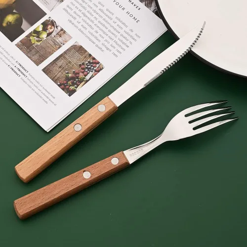 Miniatura 4 de Juego de cubiertos de 24 piezas con mango de madera, juego de cubiertos de acero inoxidable 304 para el hogar, cocina, restaurante, juego de vajilla