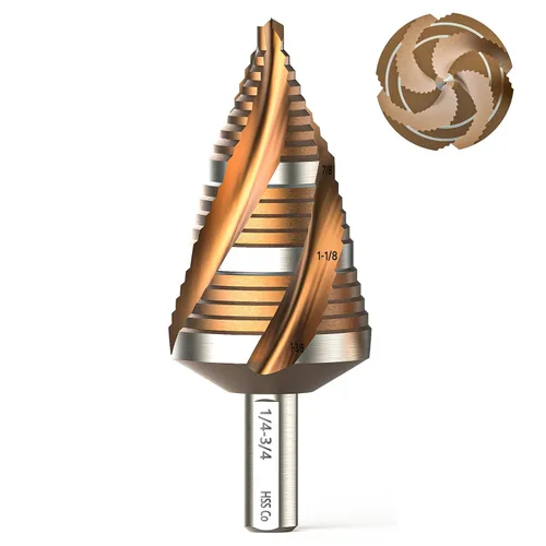 Miniatura 8 de M35 Cobalt HSS - Juego de brocas escalonadas, cuatro puntas de flauta en espiral de 1/8 a 7/8 pulgadas con revestimiento TiAlN resistente al