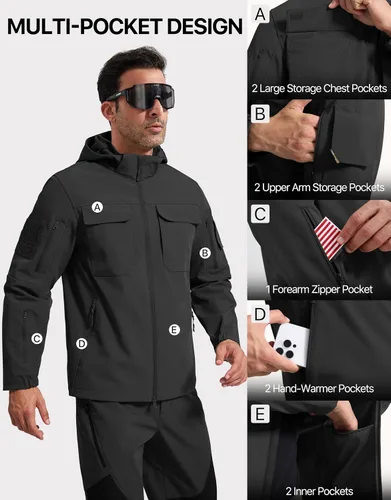 Miniatura 7 de FREE SOLDIER Chaqueta impermeable Softshell con forro polar para hombre, chaqueta táctica militar con capucha rompevientos