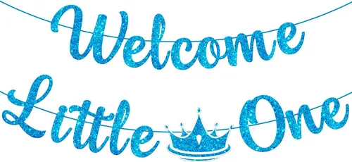 KatchOn Cartel de bienvenida con purpurina Little One - Azul, 10 pies, sin bricolaje | Cartel de bienvenida para decoración de baby shower para bebé