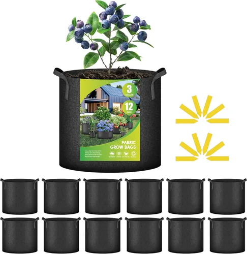 Miniatura 23 de iPower Paquete de 12 bolsas de cultivo de 1 galón, macetas de tela no tejida de aireación gruesa resistente con asas de nailon y 12 etiquetas