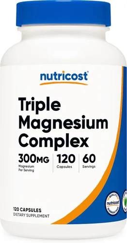 Nutricost Complejo triple de magnesio (300 mg, 120 cápsulas) - de malato de di-magnesio, bisglicinato y citrato, 60 porciones