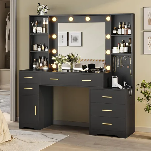 Miniatura 9 de Hasuit Juego de tocador grande de 48.8'' con espejo iluminado y toma de corriente, mesa de maquillaje blanca con 6 cajones, 4 estantes y 1 gabinete