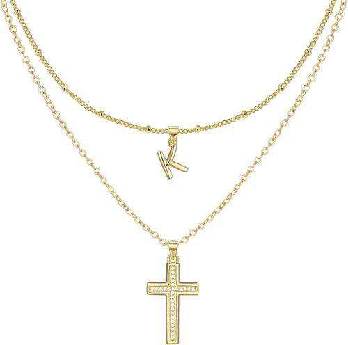Delicados collares de cruz para mujer, chapado en oro de 14 quilates, cadena en capas con dije de inicial, circonita cúbica, cruz de fe cristiana,