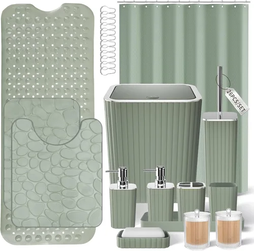 Miniatura 76 de XLHOMO Bathroom Set- 25PC Beige Bathroom Set, Bathroom Set with Shower Curtain and Rugs, Beige Shower Curtain Set, Toilet Brush, Bathroom Trash Can