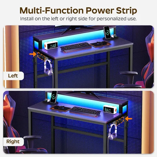 Miniatura 7 de YATINEY Escritorio pequeño para computadora con estación de carga y luces LED, escritorio para juegos con soporte para monitor, escritorio