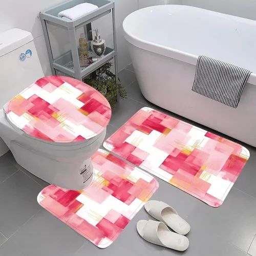 Miniatura 3 de Yddsky 4 Pcs Pink and Gold Geometric Shower Curtain Sets Non-Slip Bath Rugs, Bathroom Accessories,Bathroom Sets with Shower Curtain and Rugs, Pink