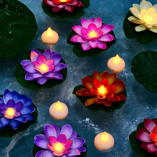 Miniatura 6 de Amylove Juego de 26 piezas de hojas de flor de loto flotantes con luces LED de té, 3.94 pulgadas, lirio de agua, luces LED flotantes impermeables