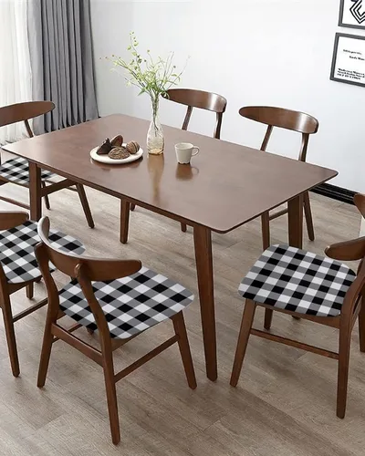 Miniatura 5 de Juego de 6 fundas para asiento de silla de comedor, diseño clásico a cuadros blancos y negros, decoración navideña, extraíble, elásticas, fundas