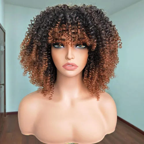 Miniatura 2 de Peluca rizada afro rizada marrón con flequillo - peluca sintética de pelo corto para mujeres negras
