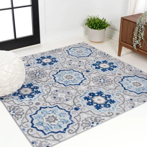 Miniatura 11 de JONATHAN Y Mediterranean Medallion - Alfombra de pasillo para interiores y exteriores, 2 x 8 pies, color azul/gris, bohemio, para patio trasero