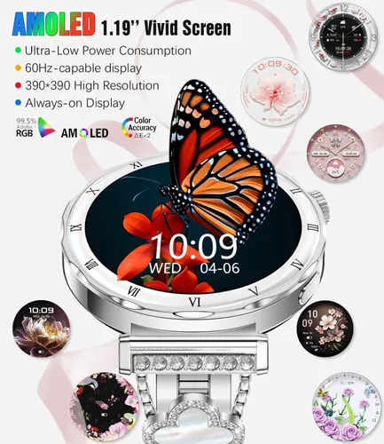 Miniatura 2 de Reloj inteligente para mujer, pantalla AMOLED HD de 1.19 pulgadas, reloj inteligente para mujer, rastreador de actividad física con monitor