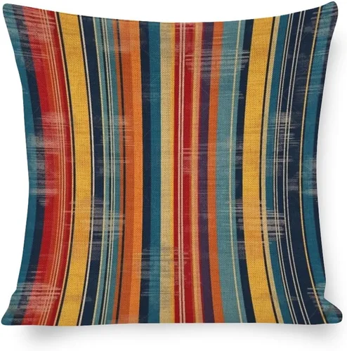 Miniatura 14 de Funda de cojín de lino con diseño de rayas bohemias, estilo bohemio, mexicano, retro, multicolor, funda de almohada decorativa de tela de lino
