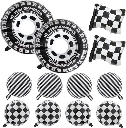 12 globos de aluminio de automóvil de carreras blanco y negro, globos a cuadros con bandera a cuadros y globos de neumáticos de rueda caliente para