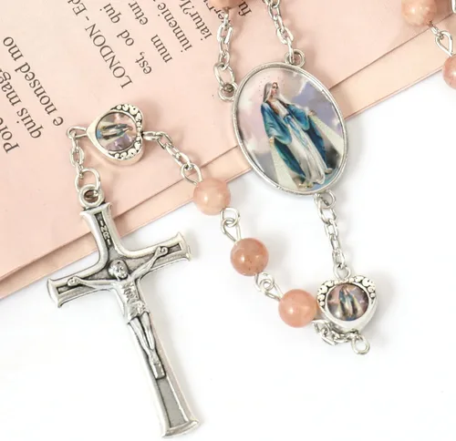 Miniatura 3 de Nazareth Store Cuentas de piedra natural con corazón de epoxi milagroso, cuentas de metal, collar de rosario, regalos cristianos de piedras preciosas