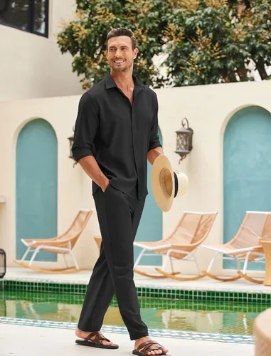 Miniatura 2 de COOFANDY Conjunto de 2 piezas de lino para hombre, camisa de manga larga con botones y pantalones sueltos, conjuntos de vacaciones en la playa