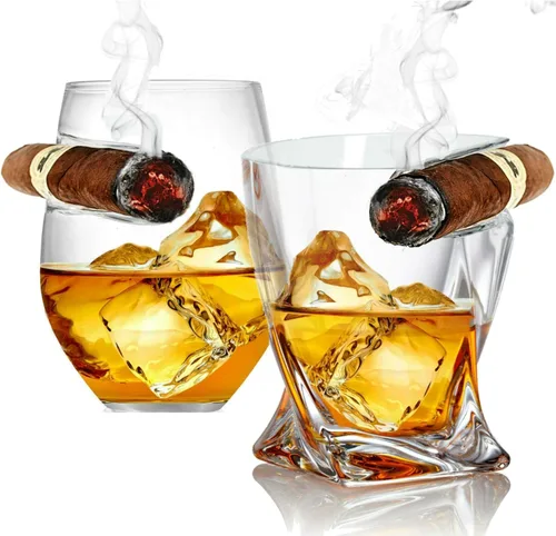 Bezrat Vasos de cigarro de whisky – Juego de 2 vasos de whisky a la antigua moda con soporte lateral para puros – Regalo del día del padre – papá,