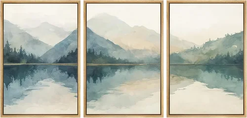 SIGNWIN Lienzo enmarcado para pared, juego de arte tranquilo con reflejo de lago, acuarela, montaña y agua, ilustraciones modernas, arte abstracto