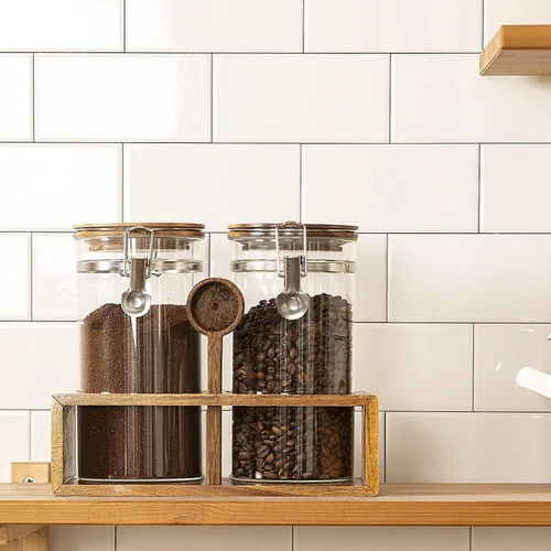Miniatura 8 de Yangbaga Recipiente de Café de Vidrio con Estante de Madera, Juego de 2×45OZ Recipientes de Café y Azúcar, Recipientes de Café con Tapas Herméticas