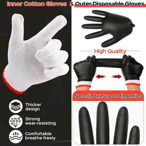 Miniatura 2 de Janmercy Kit de 200 guantes desechables de nitrilo para barbacoa con 8 forros de algodón lavables de 5 mil para asar a la parrilla, cocinar guantes