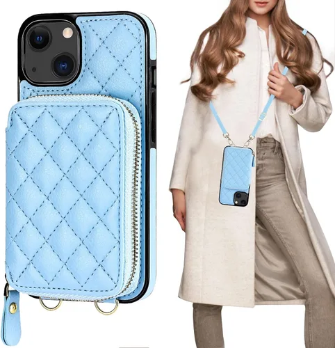 Miniatura 17 de Bocasal Funda tipo cartera con bandolera para iPhone 13, de cuero PU con bloqueo RFID, con cierre de cremallera, cartera tipo bolso con función Gris