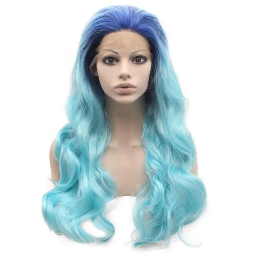 Miniatura 14 de Mxangel - Peluca de cabello sintético largo ondulado azul cielo amarillo colorido encaje frontal fibra resistente al calor Cosplay