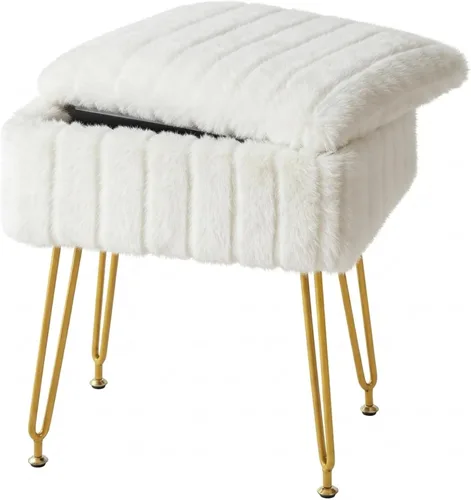 Miniatura 12 de FUXA Taburete de tocador con almacenamiento, silla de maquillaje de piel sintética con 4 patas de metal y pies antideslizantes, asiento acolchado