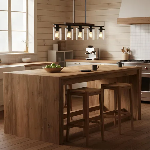 Miniatura 7 de Lámpara de Araña Lineal Moderna de Granja de 5 Luces para Isla de Cocina y Comedor – Luminaria Colgante Rústica Ajustable con Marco de Metal Negro