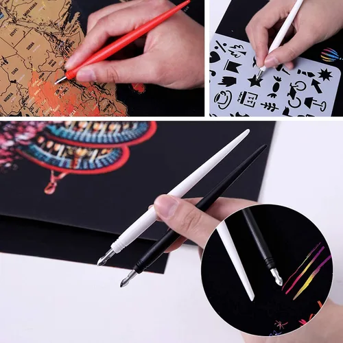 Miniatura 5 de Scratch Arts Tools 18 piezas, bolígrafo para rascar con pincel limpio, juego de manualidades, bolígrafo de color de dibujo para rascar doble