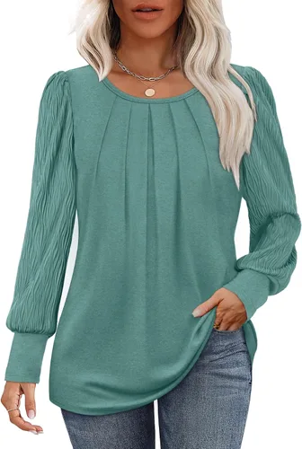 Miniatura 3 de XIEERDUO Camisas de manga larga plisadas con cuello redondo y manga abombada para mujer