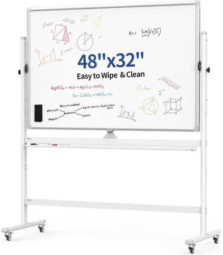 Miniatura 10 de Pizarra blanca móvil grande de 72 x 40 pulgadas, pizarra magnética de borrado en seco de doble cara sobre soporte rodante de 360 grados, altura