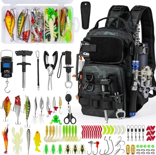 THKFISH Mochila de pesca con soporte para caña, kit de herramientas de pesca, bolsa resistente al agua con kit de señuelos de pesca, caja de