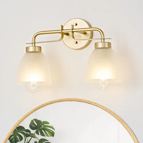 Luces de tocador modernas de mediados de siglo de 16 pulgadas, lámpara dorada de 2 luces con pantallas de campana blancas esmeriladas, aplique de