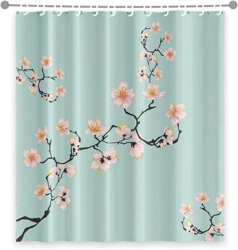 Miniatura 15 de Cortina de ducha japonesa con flores de cerezo blanco, pétalos que caen, decoración de fondo rosa, tela impermeable, cortina de baño floral